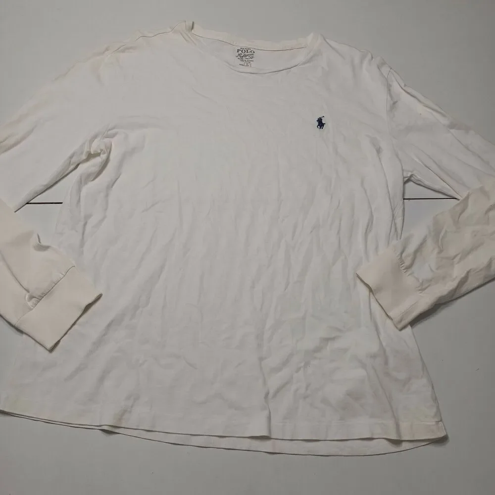 PRL Mens‎ Large Polo Shirt White Blue Embroidered Logo Long Sleeve 100% Cotton